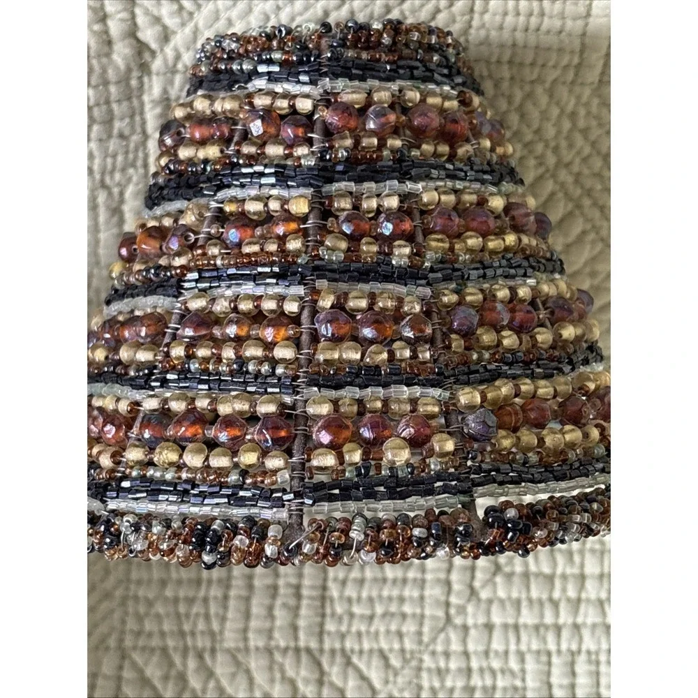 Vintage Beaded Lamp Shade Amber Brown Seed Bead Wire Frame Replacement Shade 4